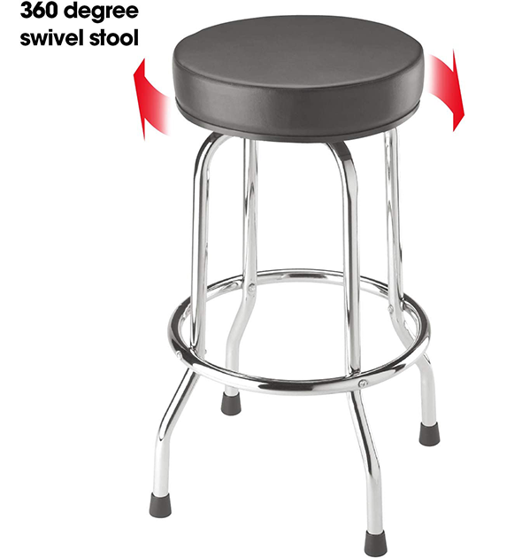 A round black swivel stool with a 360-degree rotation mechanism, perfect for gaming setups. The stool has a cushioned seat, four chrome legs with black tips, and a circular footrest connecting the legs. Red curved arrows indicate the rotating feature of the seat, making it an ideal VR accessory.