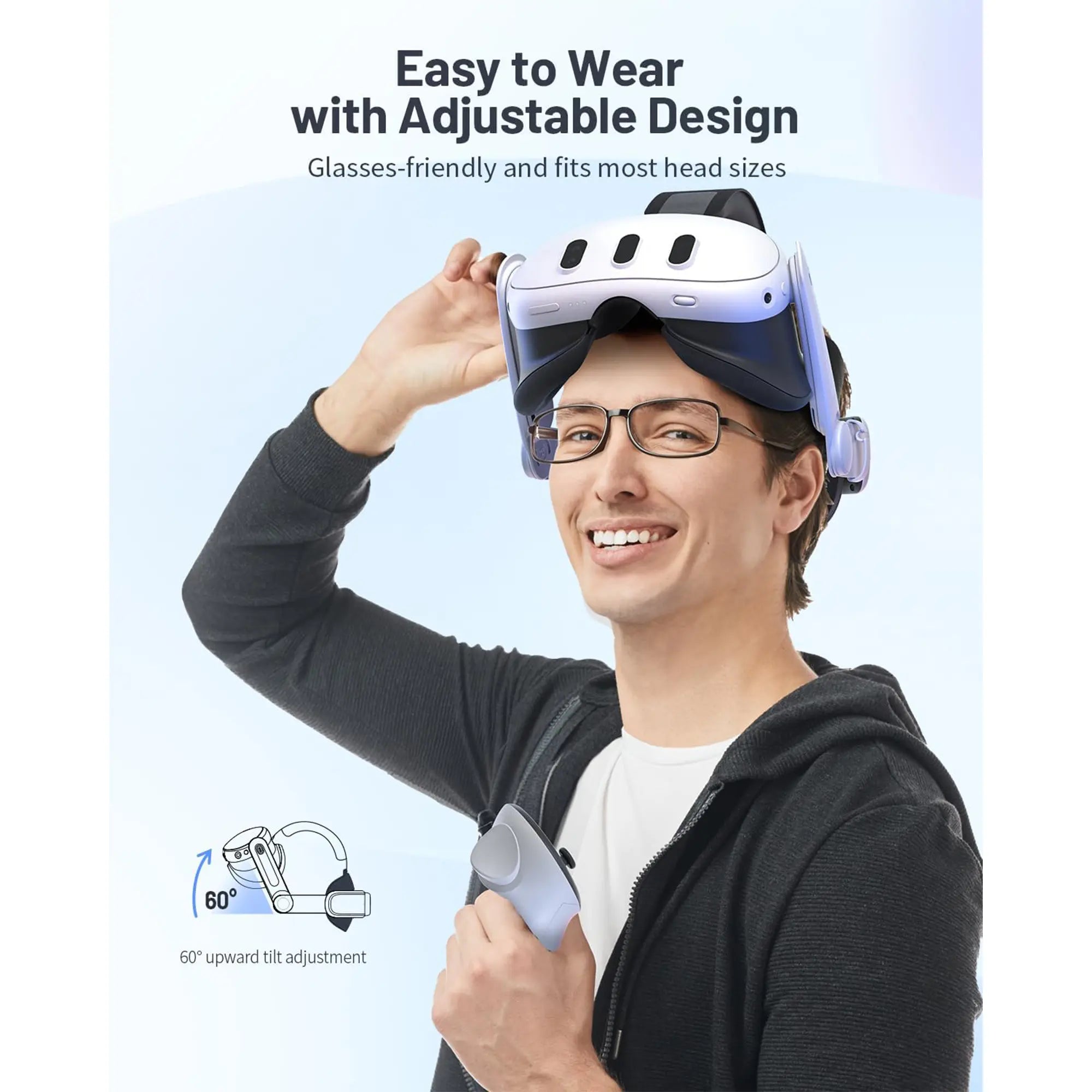 A person wearing glasses is adjusting a virtual reality headset, smiling, and holding a VR controller. Text says "Easy to Wear with Adjustable Design." Perfect for gaming with top-notch VR accessories.