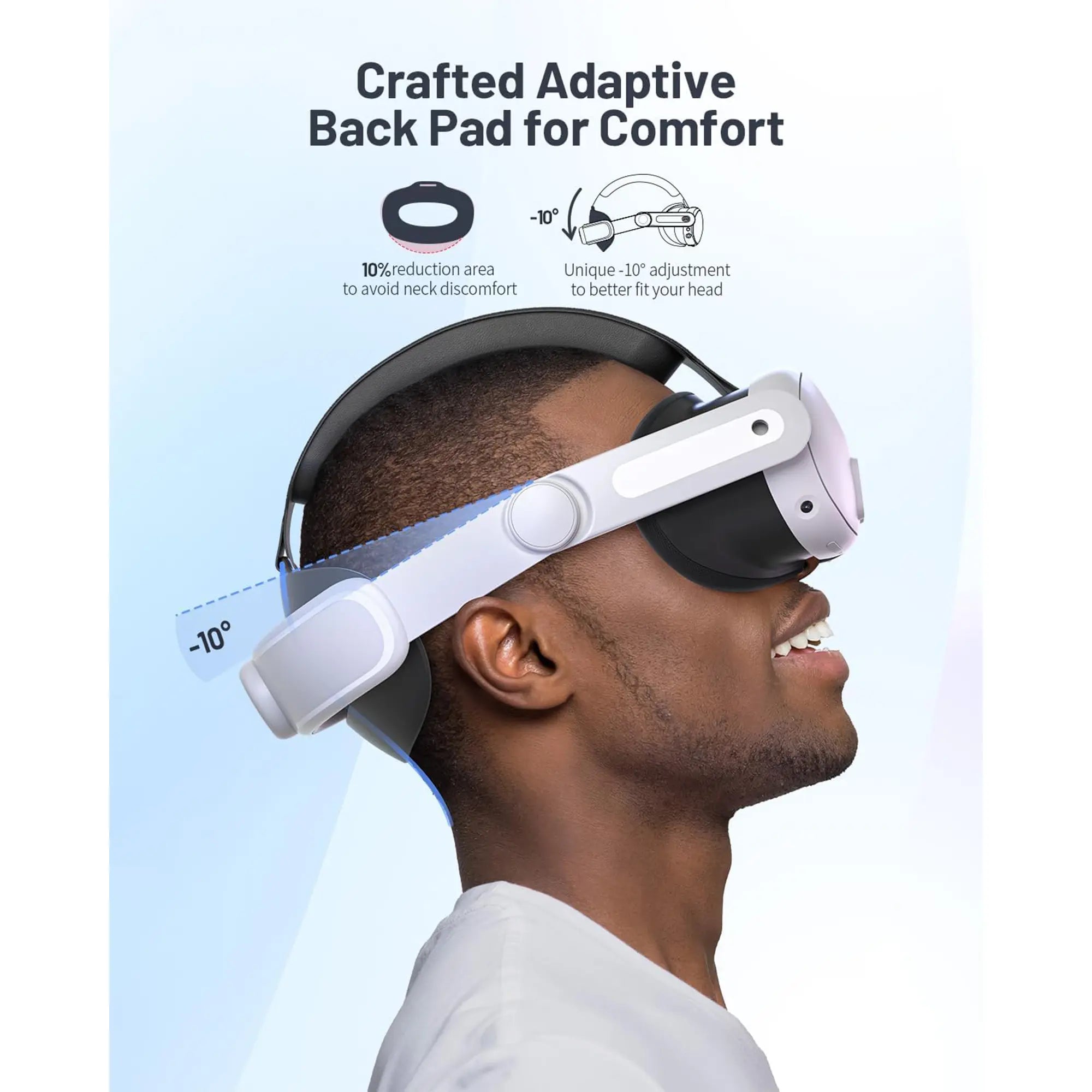 A man wearing a VR headset with text highlighting a crafted adaptive back pad for comfort and a unique -10° adjustment, perfect for immersive gaming sessions.