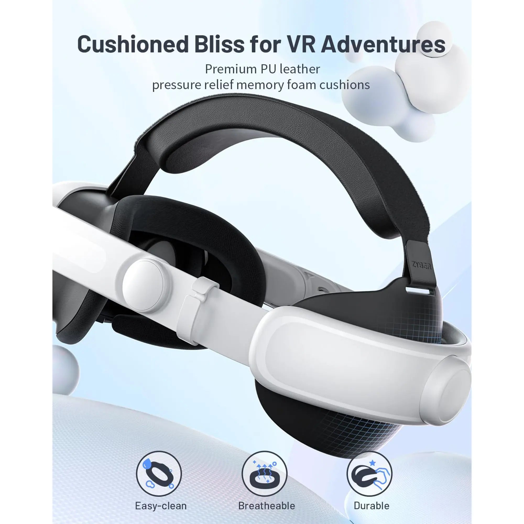 The VR headset, perfect for gaming, features cushioned memory foam headphones and an adjustable black head strap on a light blue background showcasing its premium VR accessories.