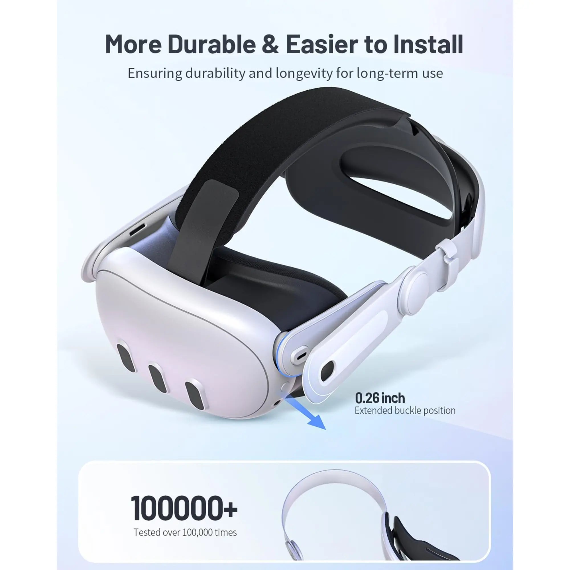 A white, ergonomic VR headset designed for gaming, featuring a 0.26-inch extended buckle position and over 100,000 tests for durability and ease of installation. Perfect addition to your collection of VR accessories.