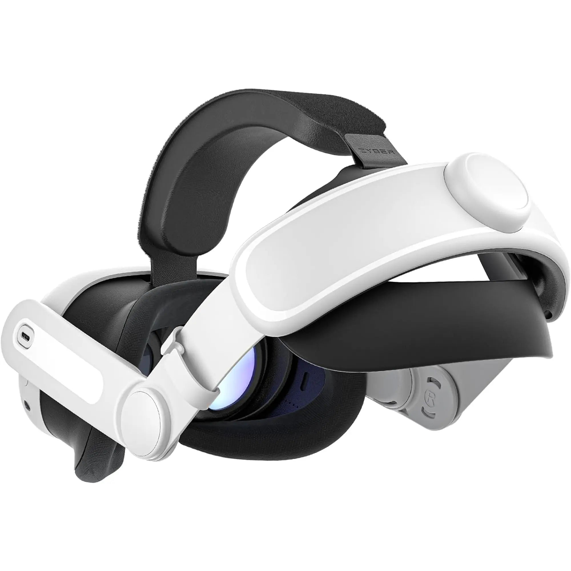 A white and black VR headset with an adjustable strap and a halo headband design, featuring padding and lenses, is the perfect addition to your collection of VR accessories for an immersive gaming experience.